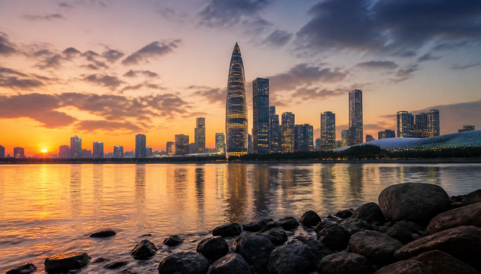 深圳湾日落时的城市天际线